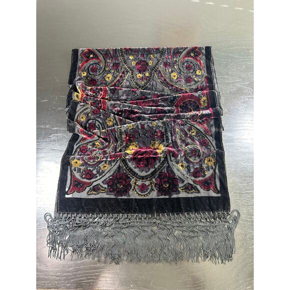 Vtg Shawl -70 x19"- Crushed Velvet Burnout- Red Black Gold fringe whimsigoth - Picture 6 of 15